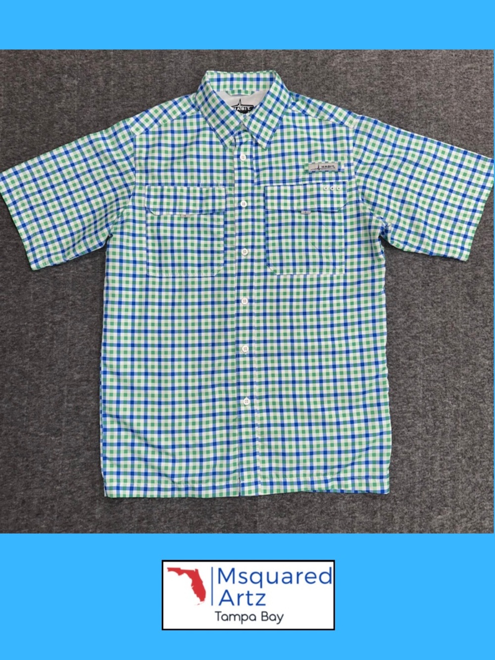 Habit Men’s Small Fishing Shirt Tackle Plaid Blue Green UPF 40+ Vented Button Up